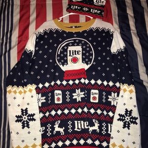 Miller Lite Christmas sweater and skull cap
